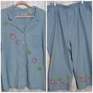 Classic Elements Top & Capri Pants Set Elastic Waist Embroider Flowers Palm Tree